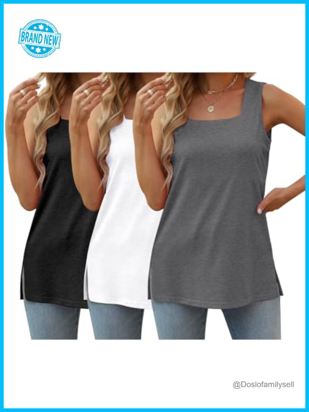 3 Pack Women Plus Size Tank Tops Square Neck Sleeveless Side Slit Summer